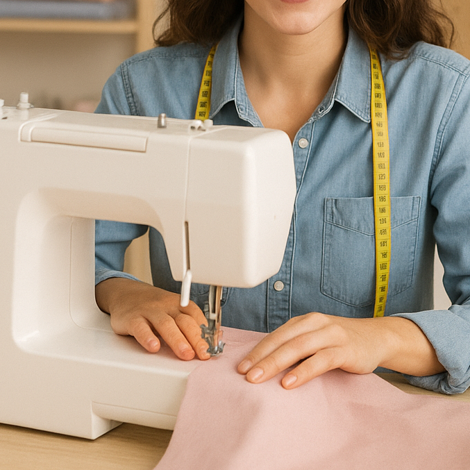Frau näht an einer Nähmaschine mit pinkem Stoff und einem Maßband um den Hals.